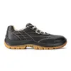 A black safety shoe with a tan sole is shown against a white background. Produktbild-Vorschau