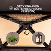 An image showing a ceiling hook with text describing its features and two examples of what can be hung from it: a hanging plant and a lantern. Produktbild-Vorschau