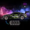 A remote-controlled drift car is shown with extra tires displayed below, set against a smoky, colorful background. Produktbild-Vorschau