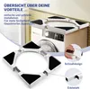 A collage showing a washing machine stand being assembled and demonstrated. Produktbild-Vorschau