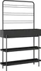 A black metal plant stand with a planter box and two shelves, shown against a white background. Podgląd zdjęcia produktu