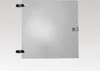 A square, frosted glass panel with metal hinges and a lock mechanism on a light gray background. Produktbild-Vorschau