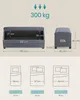 A collage showing a storage bench with dimensions, its storage capacity, and how it fits with different bed sizes. Náhled obrázku produktu