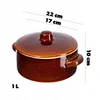 A brown ceramic pot with a lid, shown from the side with dimensions indicated. Produktbild-Vorschau