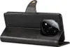 A black leather flip case for a smartphone is shown from a side angle, with the phone's camera module visible. Náhled obrázku produktu
