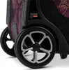 A close-up view of the wheels and patterned side of a rolling suitcase. Voir les images du produit