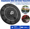 A solar-powered fountain pump with a built-in battery, shown on a black background, with inset images of fountains in gardens. Produktbild-Vorschau