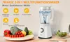 A white blender is shown on a kitchen counter with fresh vegetables and a bowl of salad. Produktbild-Vorschau