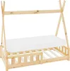 A wooden teepee-style children's bed frame with a mattress and slatted base, shown against a white background. Produktbild-Vorschau