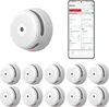 A product shot of multiple smoke detectors and a smartphone displaying a smart home app. Produktbild-Vorschau