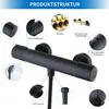 A collage of images showing different parts and features of a black shower faucet. Podgląd zdjęcia produktu