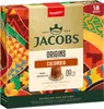 A box of Jacobs Origins Colombia coffee capsules with a colorful, patterned design. Produktbild-Vorschau