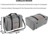 Two views of a gray duffel bag with dimensions indicated. Náhled obrázku produktu