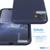 A close-up view of a blue silicone phone case, highlighting its protective features with measurement graphics and text. Produktbild-Vorschau