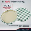 Two jar lids with a green and white checkered pattern are shown, with one lid open to reveal its inner seal. Text overlays provide product details and features. Produktbild-Vorschau
