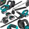 A collage of cordless hedge trimmers, batteries, and accessories. Produktbild-Vorschau