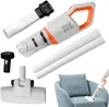 A collage of a cordless vacuum cleaner and its accessories, with a lifestyle shot of someone using it on a chair. Produktbild-Vorschau