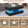A modern coffee table with LED lighting is shown in a living room setting, with different use cases illustrated. Produktbild-Vorschau