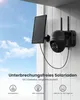 A solar-powered security camera mounted on a white wall, with a blue sky and clouds in the background. Produktbild-Vorschau