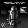 A gaming chair with informational overlays and close-up images of its materials and components. Náhled obrázku produktu