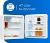 An open mini-refrigerator with food and drinks inside, set against a blue and white background with text indicating its capacity. Produktbild-Vorschau