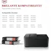 A marketing image showing a list of compatible printer models and a printer. Produktbild-Vorschau