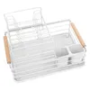 A white metal dish rack with wooden handles and two white compartments for cutlery, set against a white background. Náhled obrázku produktu