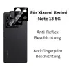 A black smartphone with camera lens protectors shown from the back, with text describing product features. Produktbild-Vorschau