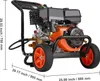 A gas-powered pressure washer is shown from a side angle with dimensions indicated. Produktbild-Vorschau
