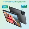A tablet is shown with its front and back visible, highlighting its camera features with text overlays. Produktbild-Vorschau