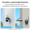 Two images showing a security camera powered by a rechargeable battery and a solar panel. Produktbild-Vorschau