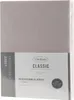 A folded grey jersey bedsheet with a label. Náhľad obrázku produktu