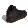 A black Adidas Hoops 3.0 Mid sneaker with a gum sole, shown from a rear-quarter angle against a white background. Voir les images du produit
