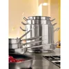 A stack of stainless steel pots and pans on a kitchen counter. Voir les images du produit