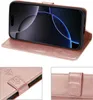 A collage of images showing a rose gold iPhone case with a flip cover and close-ups of its details. Produktbild-Vorschau