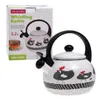 A whistling kettle with a chicken design is shown next to its packaging. Produktbild-Vorschau