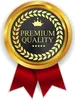A gold medal with a black center, laurel wreath, crown, and the text 'PREMIUM QUALITY' with five stars below. Red ribbons hang from the bottom. Anteprima dell’immagine prodotto