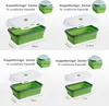 Collage of four different sizes of collapsible silicone food containers with lids, each showing dimensions. Produktbild-Vorschau