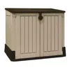 A beige and brown outdoor storage box with a dark brown lid and base. Voir les images du produit