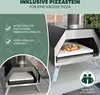 A pizza oven with a pizza inside, shown from two different angles, with marketing text and icons. Produktbild-Vorschau