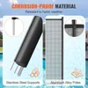 The image shows two close-up views of a pool fence, highlighting its materials and construction. The left side shows stainless steel supports, and the right side shows aluminum alloy poles. The background is a blurred image of a swimming pool and a house. Produktbild-Vorschau