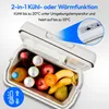 An open white electric cooler box filled with drinks and fruits, with a blue overlay highlighting a control panel. Produktbild-Vorschau