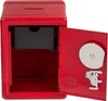 A red metal safe-shaped piggy bank with its door open, revealing a black tray inside. Náhľad obrázku produktu