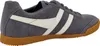 A side view of a grey Gola Harrier sneaker with white stripes and a brown sole. Produktbild-Vorschau