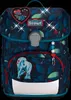 A close-up studio shot of a children's backpack with a dark blue, leafy pattern and a white unicorn patch. Anteprima dell’immagine prodotto