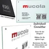 A collage of images showing different views and marketing information for a Mucola company sign made of safety glass. Náhľad obrázku produktu