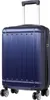 A blue polycarbonate hard-shell suitcase with four 360-degree wheels and a TSA lock, presented against a white background.