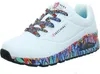 A white Skechers sneaker with a colorful abstract pattern on the sole and laces. Voir les images du produit