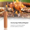 A fork with a wooden handle is shown in the foreground, with hamburgers cooking on a grill in the background. Produktbild-Vorschau