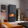 A modern living room with a black fireplace, wood storage, and an orange sofa. Produktbild-Vorschau
